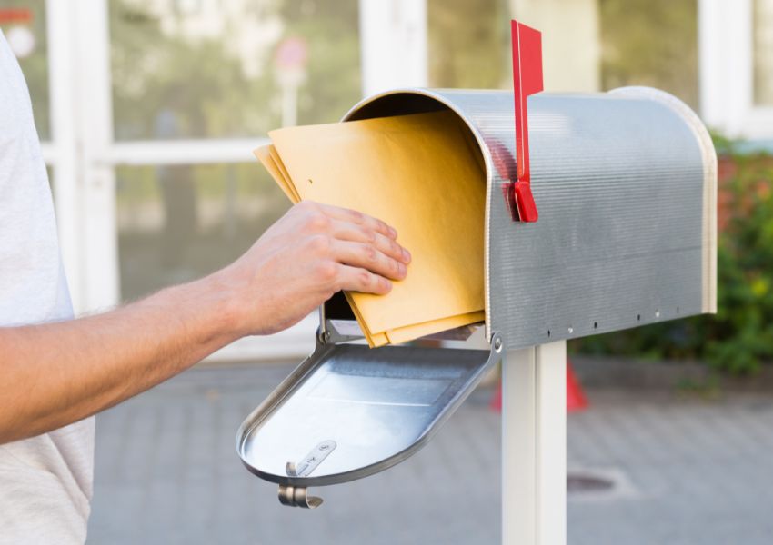 hand placing yellow envelope into a silver mailbox
